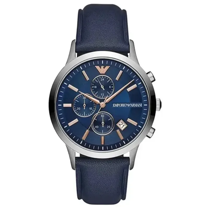 Emporio Armani Renato AR11216 Men's Chronograph Watch – 43mm Navy Dial Blue Leather Strap