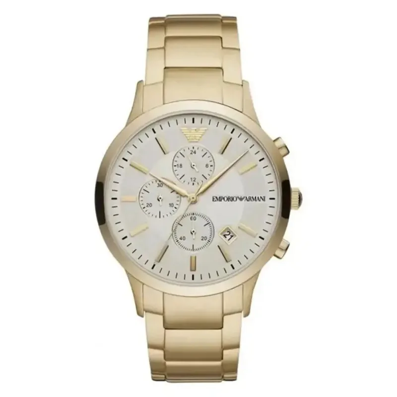 Emporio Armani Renato AR11332 Men's Chronograph Watch – 43mm Cream Dial Gold-Tone Steel