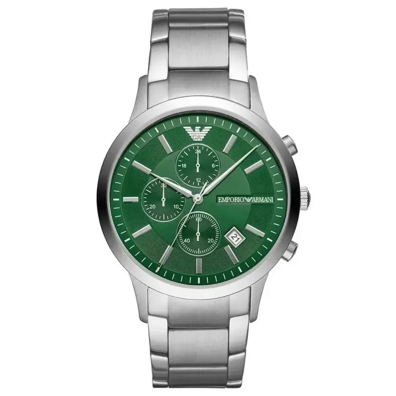 Emporio Armani Renato AR11507 Men's Chronograph Watch – 43mm Green Dial Stainless Steel Bracelet