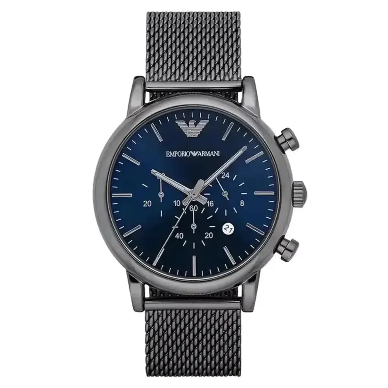 Emporio Armani Renato AR1979 Men's Chronograph Watch – 46mm Blue Dial Gunmetal Mesh