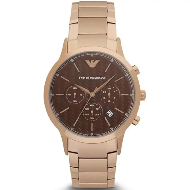 Emporio Armani Renato AR2504 Men's Chronograph Watch – 43mm Brown Dial Rose Gold Steel Bracelet