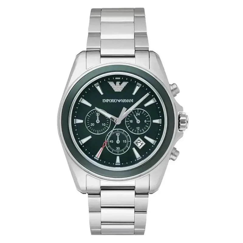 Emporio Armani Sigma AR6090 Men's Chronograph Watch – 44mm Green Dial Silver Steel Bracelet