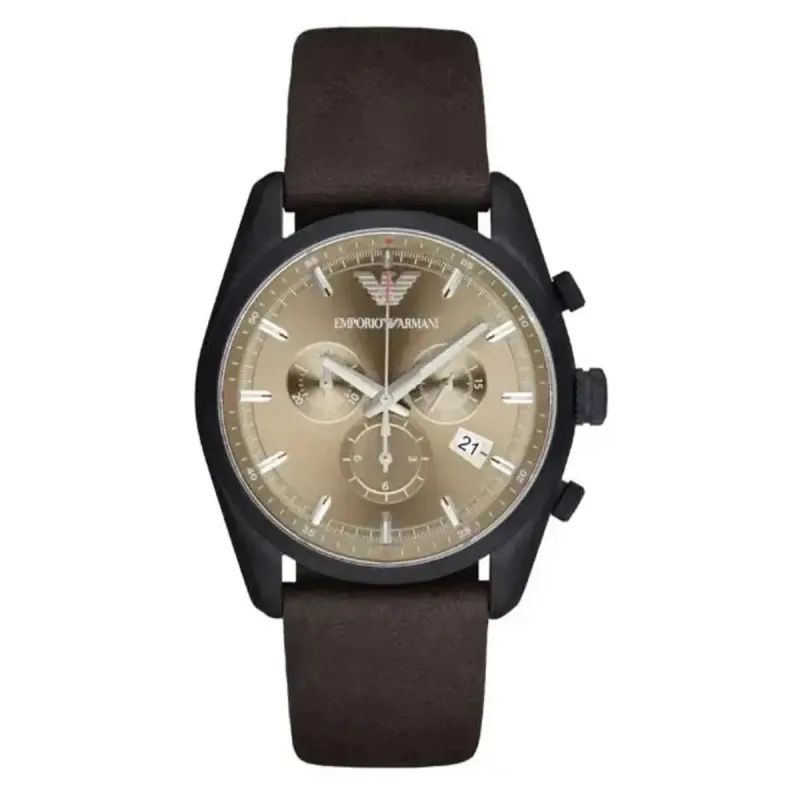 Emporio Armani Sportivo AR6078 Men's Chronograph Watch – 42.5mm Beige Dial Brown Leather Strap