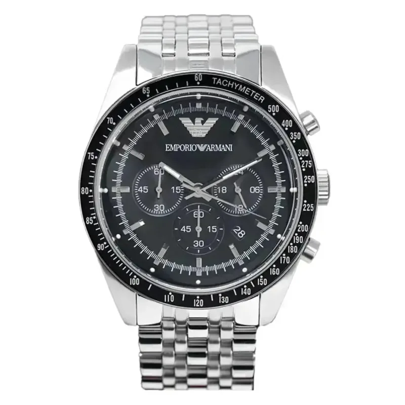 Emporio Armani Tazio AR5988 Men's Chronograph Watch – 46mm Black Dial Silver Steel Bracelet