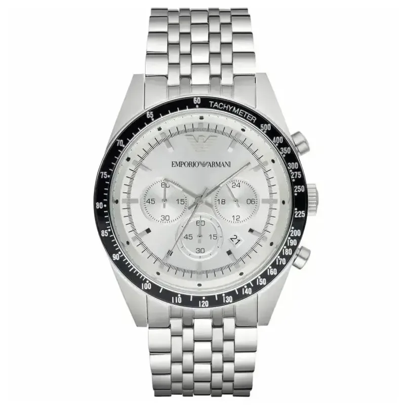 Emporio Armani Tazio AR6073 Men's Chronograph Watch – 46mm Silver Dial Steel Bracelet