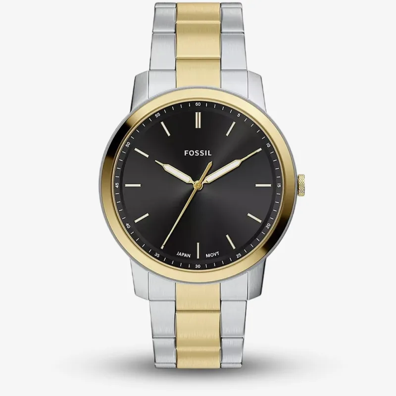 Fossil Mens Minimalist Black Dial Two Tone Bracelet Watch FS6182