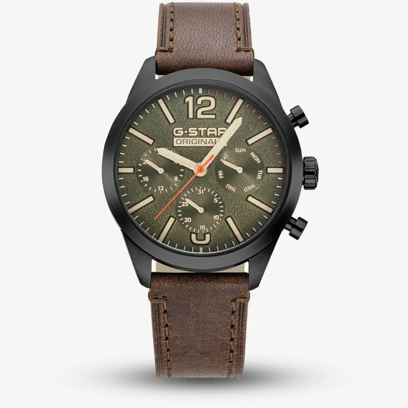 G Star Mens Originals Green Dial Brown Leather Strap Watch Gsw.504.03