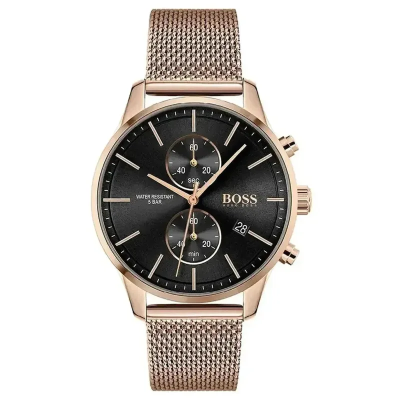 Hugo Boss Associate 1513806 Men's Chronograph Watch – 42mm Black Dial Rose Gold Mesh Bracelet