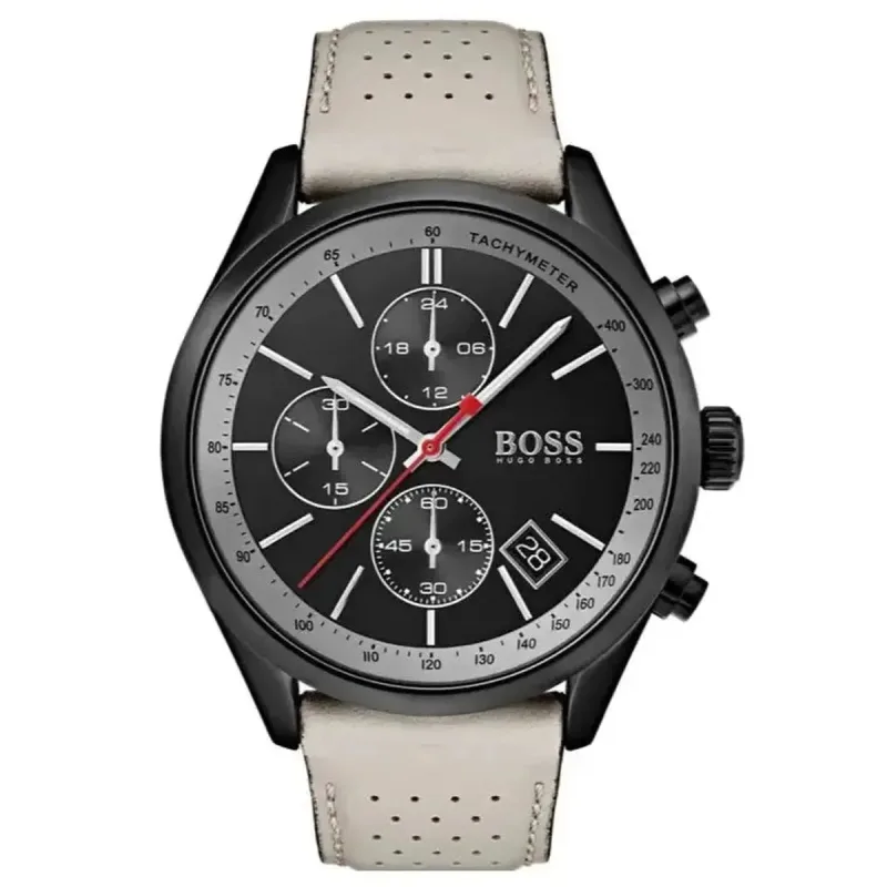 Hugo Boss Grand Prix Chronograph Watch HB1513562 – 44mm Black Dial Beige Leather Strap