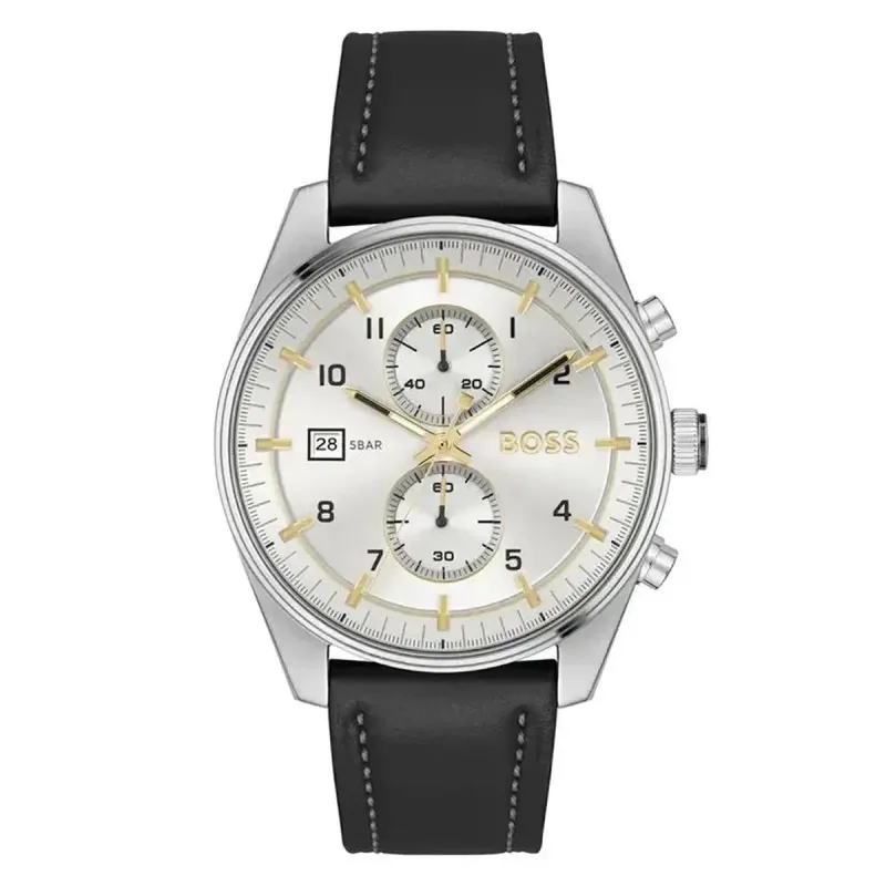 Hugo Boss Skytraveller 1514147 Men's Chronograph Watch – 44mm Silver Dial Black Leather Strap