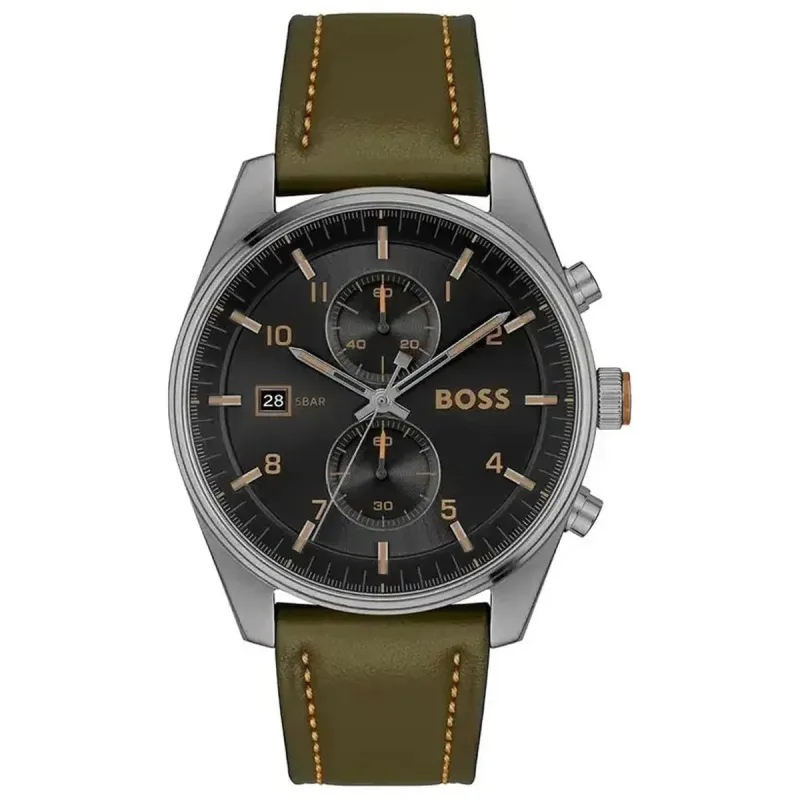 Hugo Boss Skytraveller 1514148 Men's Chronograph Watch – 44mm Black Dial Olive Green Leather Strap