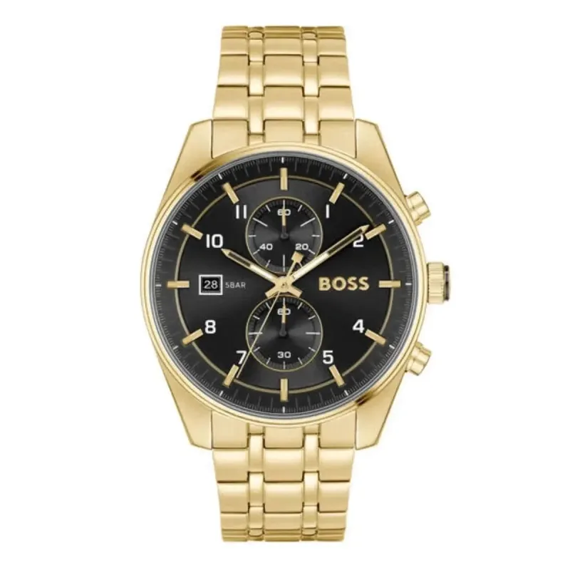 Hugo Boss Skytraveller 1514152 Men's Chronograph Watch – 44mm Black Dial Gold-Tone Bracelet