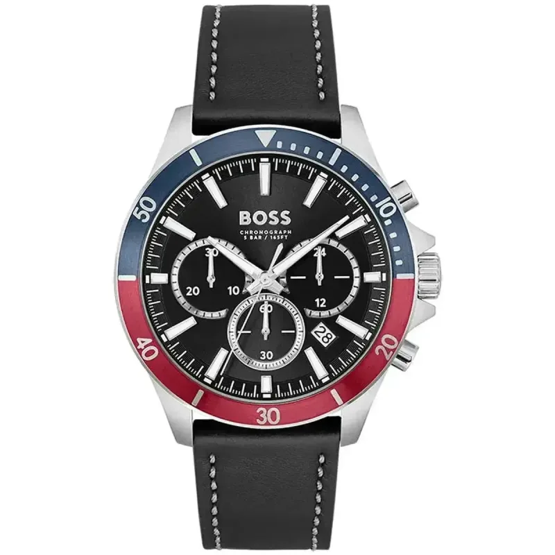 Hugo Boss Troper 1514099 Men's Chronograph Watch - 45mm Black Dial Pepsi Bezel Black Leather Strap
