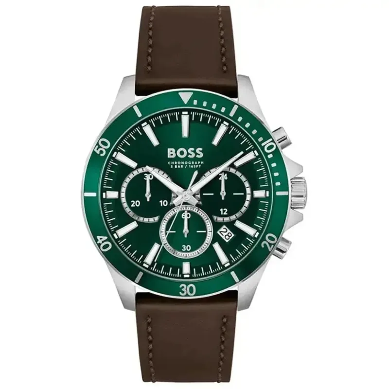 Hugo Boss Troper Chronograph Men's Watch 1514098 – Green Dial & Brown Leather Strap