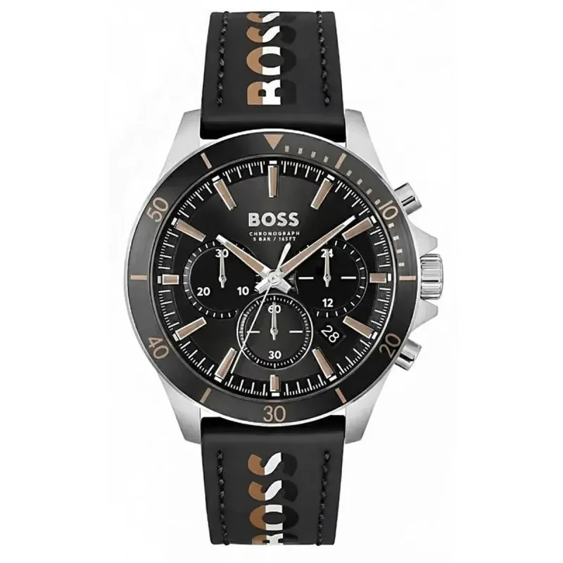 Hugo Boss Troper HB1514121 Men's Chronograph Watch – 44mm Black Dial Silver Case Black Rubber Strap