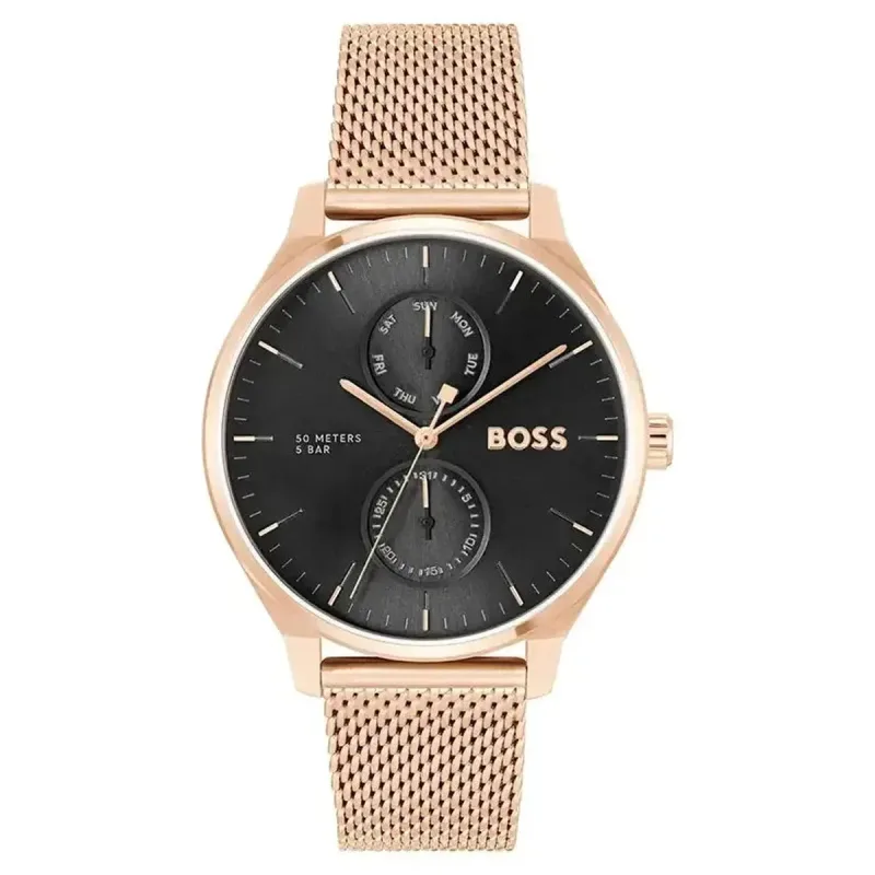 Hugo Boss Tyler 1514104 Men's Multifunction Watch – 43mm Black Dial Rose Gold Mesh Bracelet