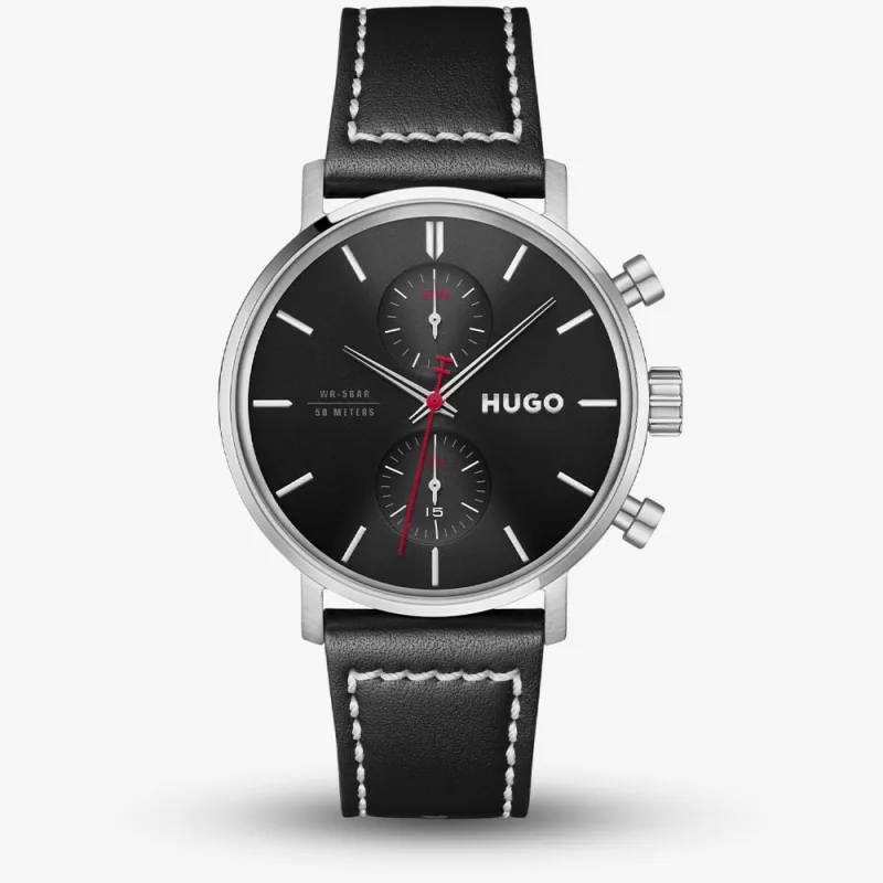 Hugo Mens TakeOff Black Dial Leather Strap Watch 1530465