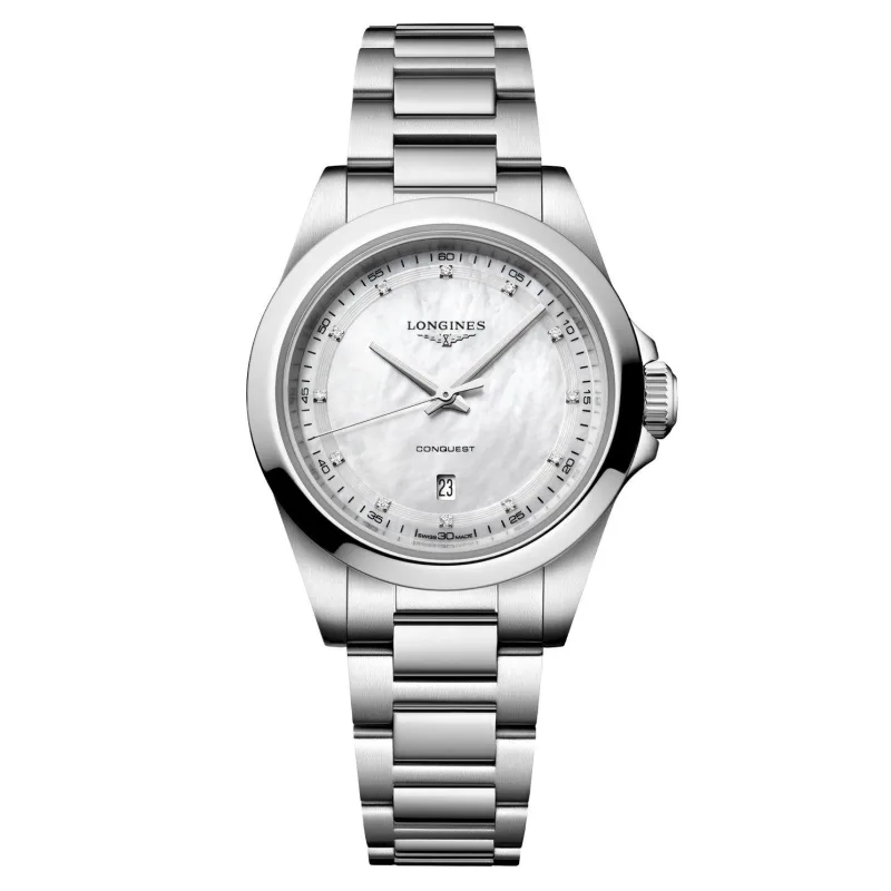 Longines Women's White Conquest Diamond Mother of Pearl Watch, Size: 30mm
