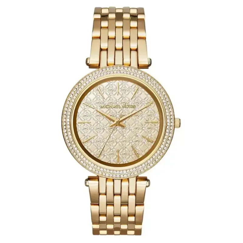 Michael Kors Darci MK3398 Ladies Gold-Tone Watch – 39mm Monogram Dial Steel Bracelet