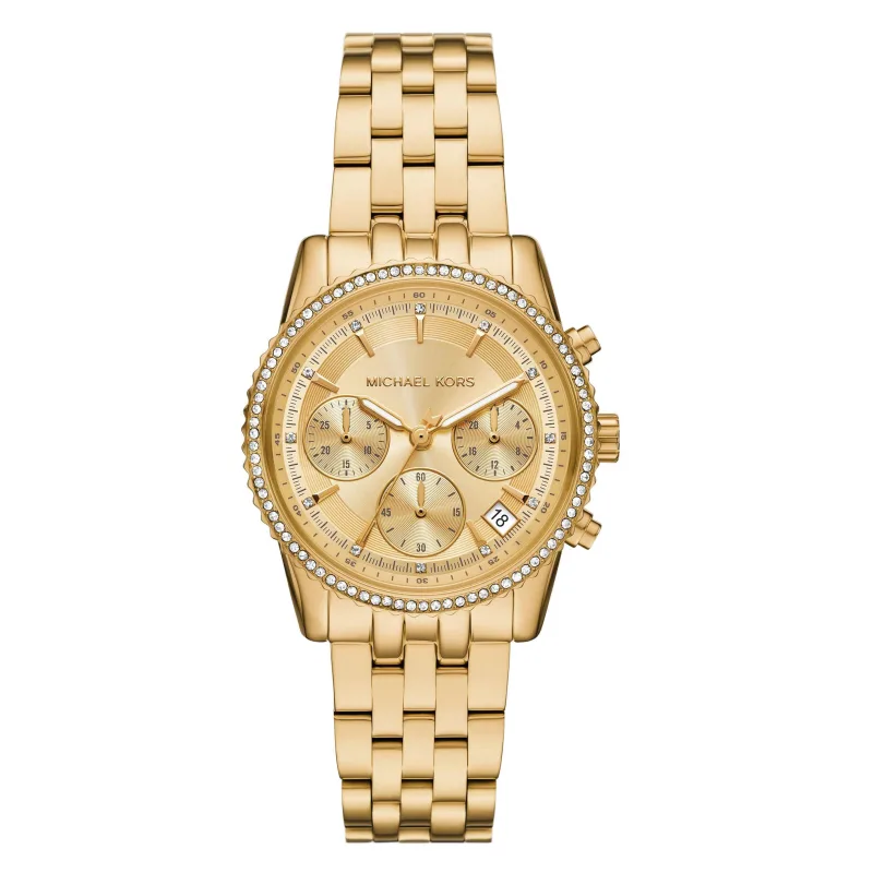 Michael Kors Mini Bryant 35mm Yellow Gold Plated Chronograph Crystal Ladies Watch
