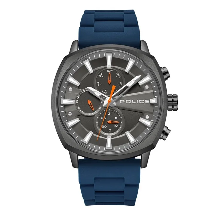 Police Urban Rebel Grey Ip Blue Silicone Strap Watch - W44133