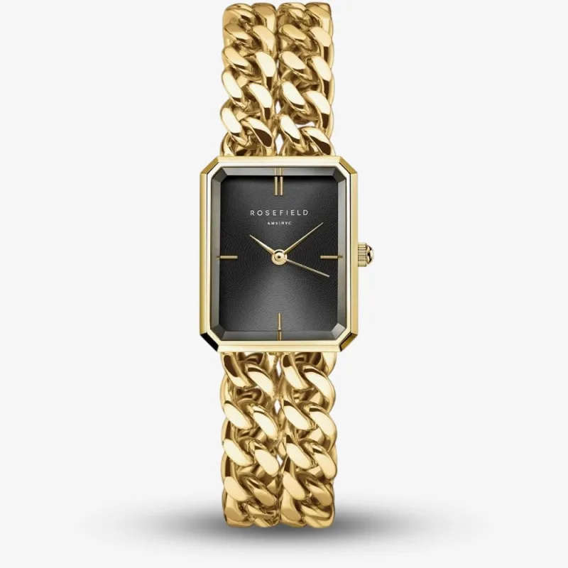 Rosefield Ladies Studio Octagon Black Dial Double Curb Chain Golden Bracelet Watch Sbgsg-O77