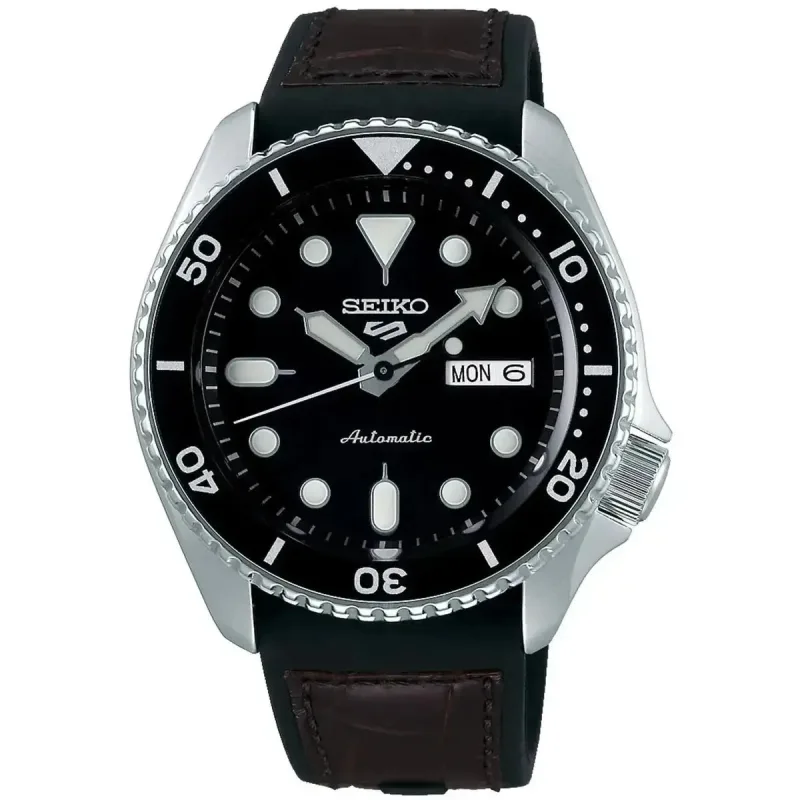 Seiko 5 Sports SRPD55K2 Men's Automatic Watch – Black Dial Silicone and Leather Strap