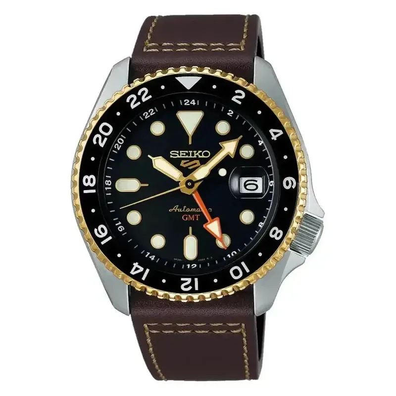Seiko 5 Sports SSK036K1 SKX GMT Men's Automatic Watch - 42.5mm Black Dial Leather Strap