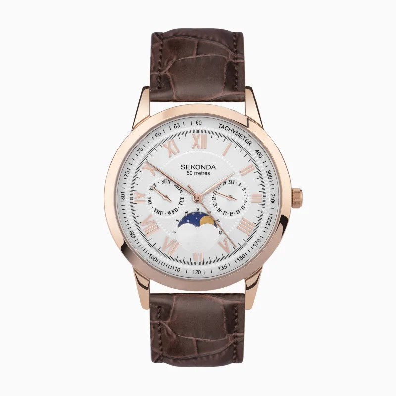 Sekonda Armstrong Moon Phase Men's Watch | Rose Gold Alloy Case & Brown Leather Strap with Silver Dial | 30148