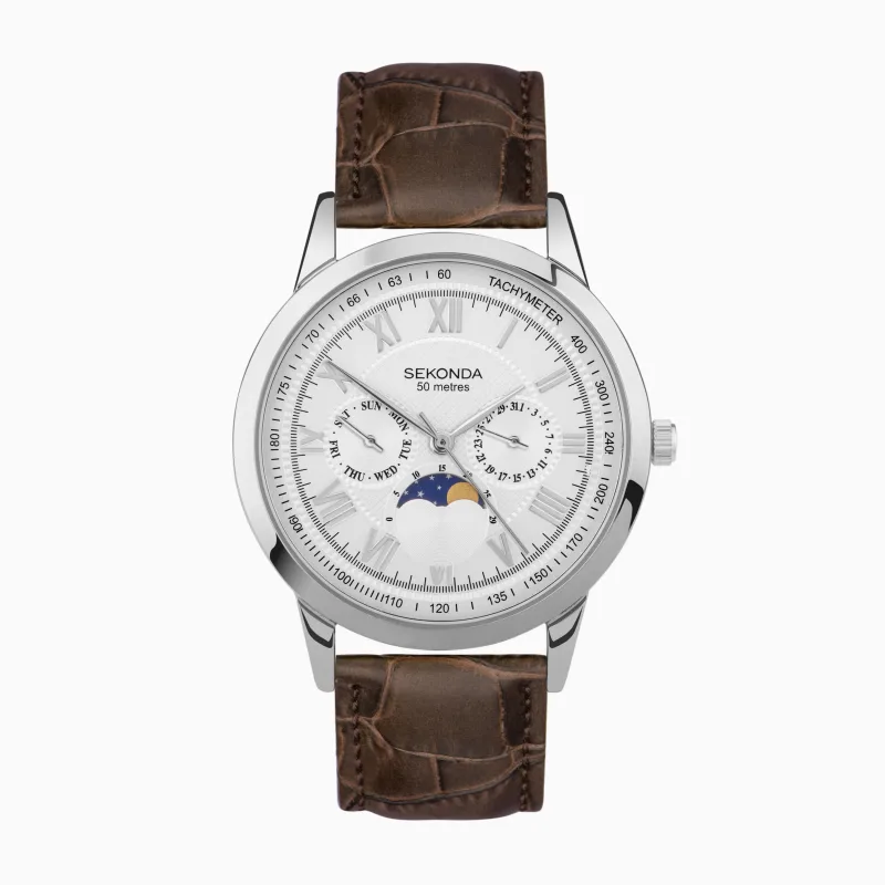 Sekonda Armstrong Moon Phase Men's Watch | Silver Alloy Case & Brown Leather Strap with Silver Dial | 30146