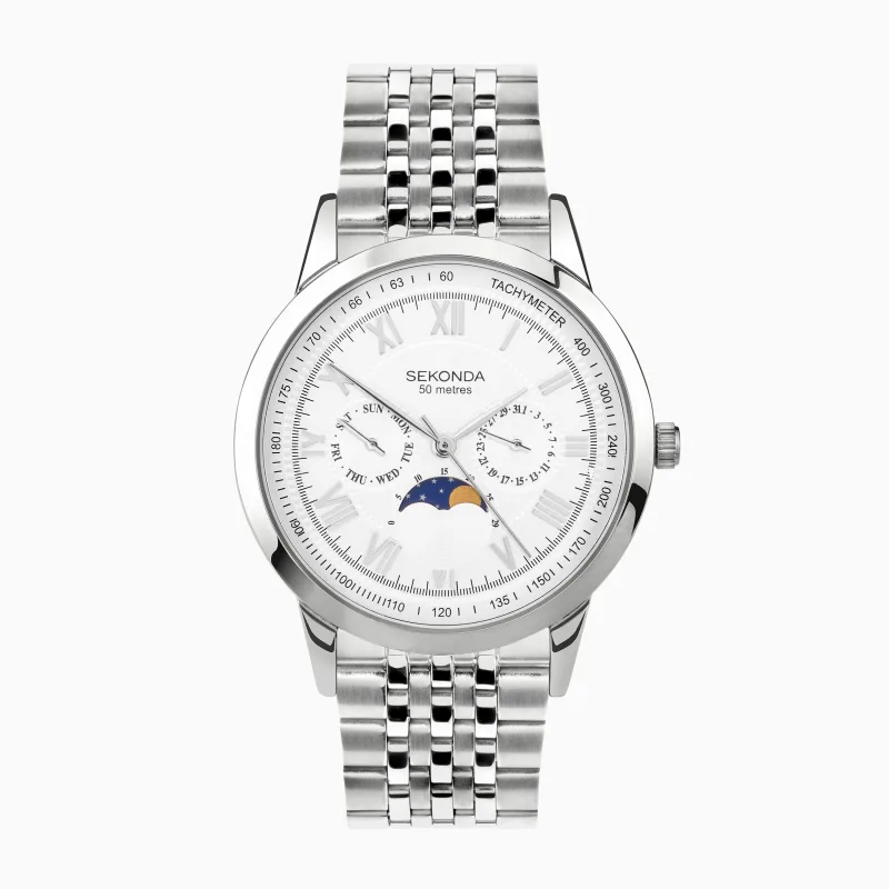 Sekonda Armstrong Moon Phase Men's Watch | Silver Alloy Case & Stainless Steel Bracelet with White Dial | 30229