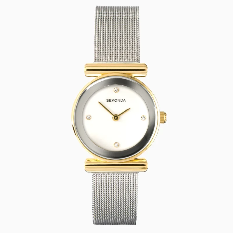 Sekonda Ava Ladies Watch | Gold Alloy Case & Silver Stainless Steel Mesh Bracelet with White Dial | 4887