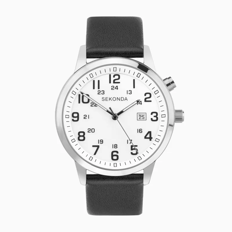 Sekonda Easy Reader Men's Watch | Silver Alloy Case & Black Leather Strap with White Dial | 30125