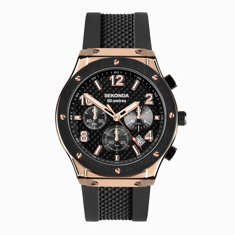 Sekonda Titan Chronograph Men's Watch | Rose Gold Alloy Case & Black Silicone Strap with Silver Dial | 30257