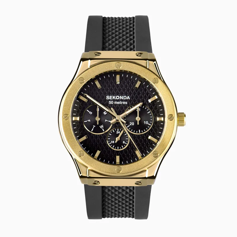 Sekonda Titan Men's Watch | Gold Alloy Case & Black Silicone Strap with Black Dial | 30233