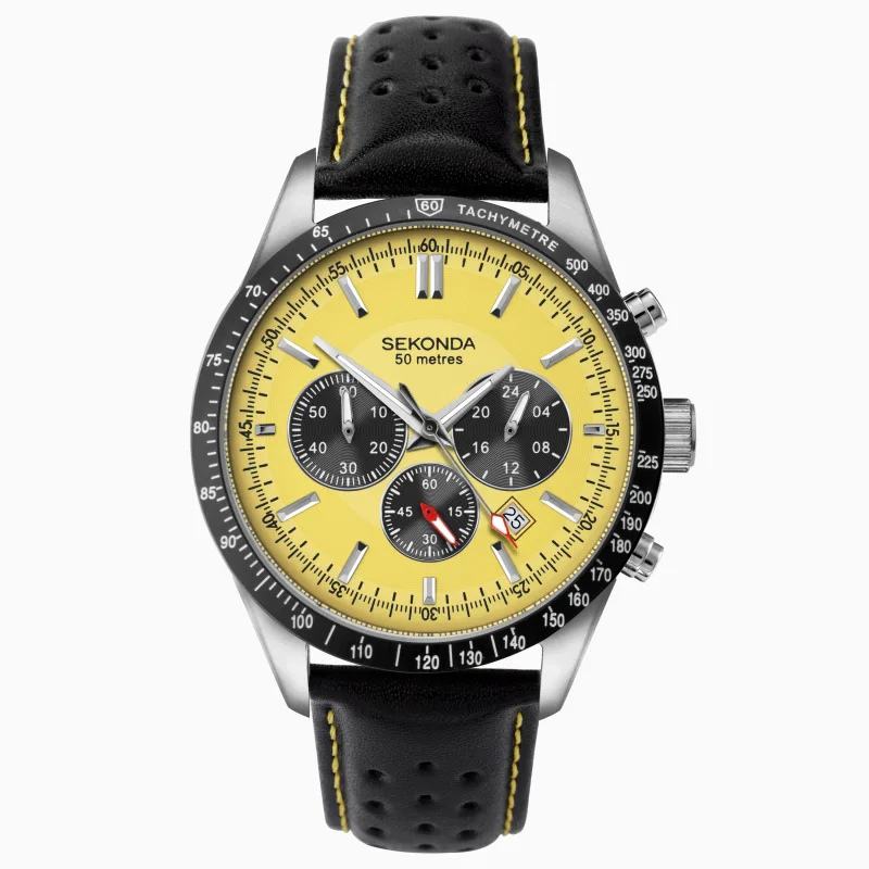 Sekonda Velocity Chronograph Men's Watch | Silver Case & Leather Strap with Yellow Dial | 1395