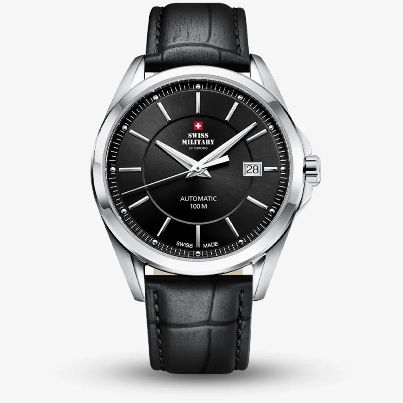 Swiss Military Mens Automatic Black Dial Black Leather Strap Watch SMA34085.13