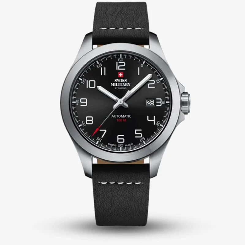 Swiss Military Mens Automatic Black Leather Strap Watch SMA34077.01