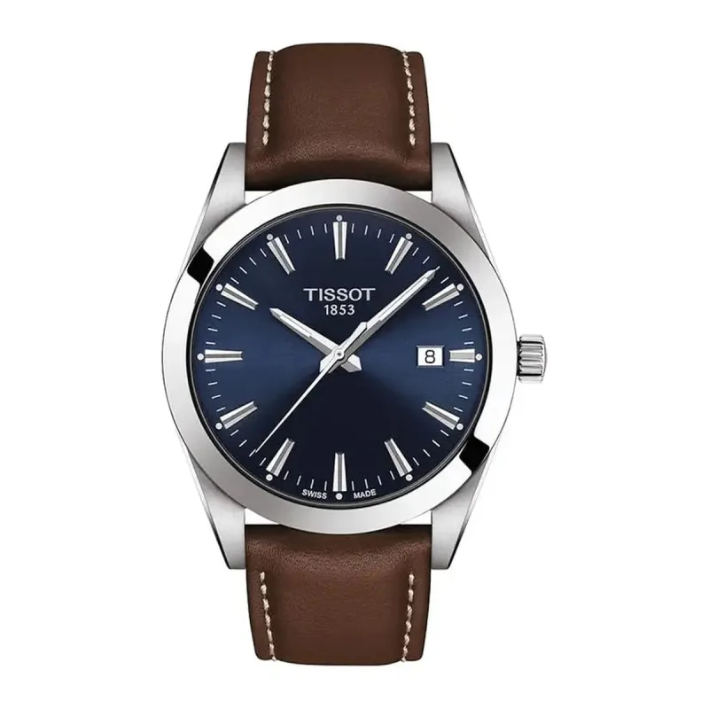 Tissot Gentleman T127.410.16.041.00 Men's Watch – 40mm Blue Dial Brown Leather Strap