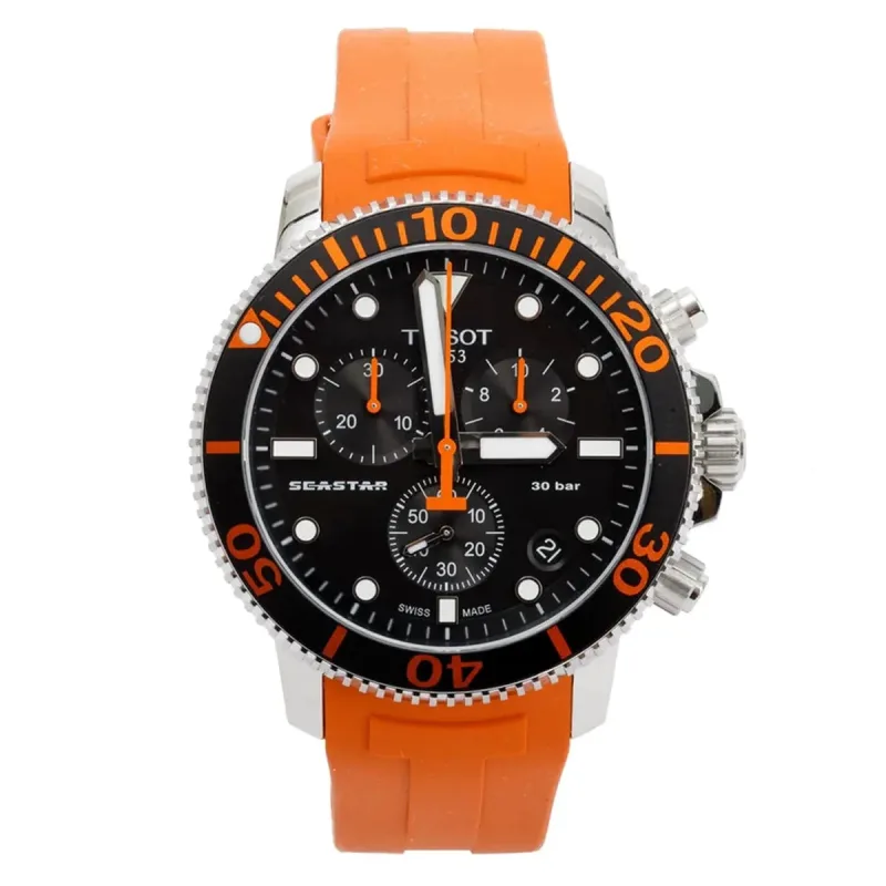 Tissot Seastar 1000 Chronograph T120.417.17.051.01 Men's Watch – 45.5mm Black Dial Orange Rubber Strap