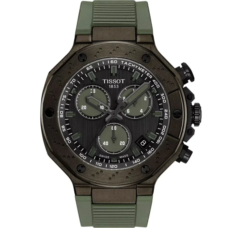 Tissot T-Race Quartz Chronograph 45mm Black Pvd Green Strap Men's Watch T141.417.37.061.02