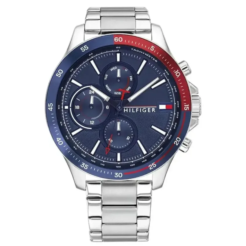 Tommy Hilfiger Bank 1791718 Men's Chronograph Watch – 46mm Blue Dial Stainless Steel Bracelet