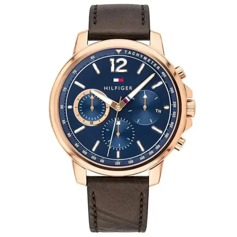 Tommy Hilfiger Chase 1791532 Men's Multifunction Watch – 44mm Blue Dial Brown Leather Strap