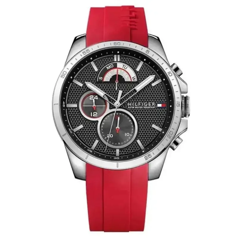 Tommy Hilfiger Decker 1791351 Men's Multi-Function Watch – 46mm Black Dial Red Silicone Strap