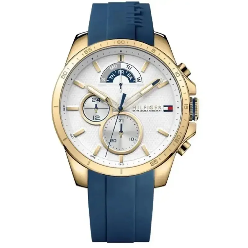Tommy Hilfiger Decker 1791353 Men's Multifunction Watch – 46mm White Dial Blue Silicone Strap