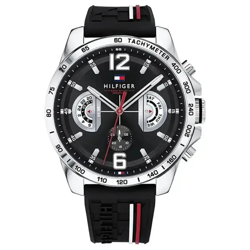 Tommy Hilfiger Decker 1791473 Men's Quartz Sport Watch – 46mm Black Dial Silicone Strap