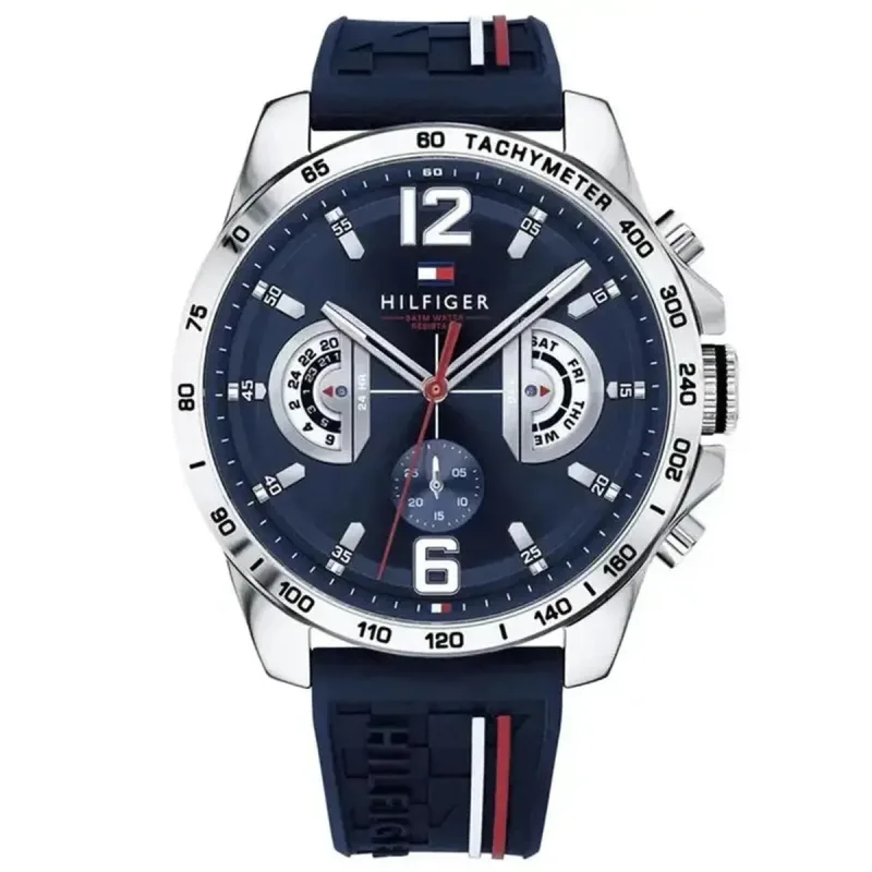 Tommy Hilfiger Decker 1791476 Men's Multifunction Watch – 46mm Navy Dial Blue Silicone Strap
