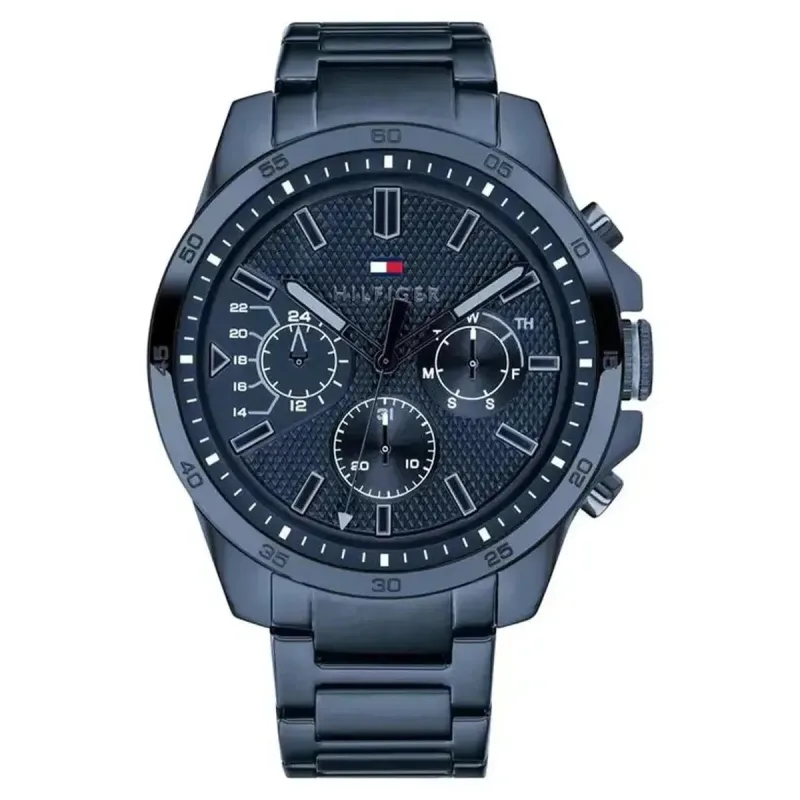 Tommy Hilfiger Decker 1791560 Men's Multifunction Watch – 46mm Blue Dial Blue IP Steel Bracelet