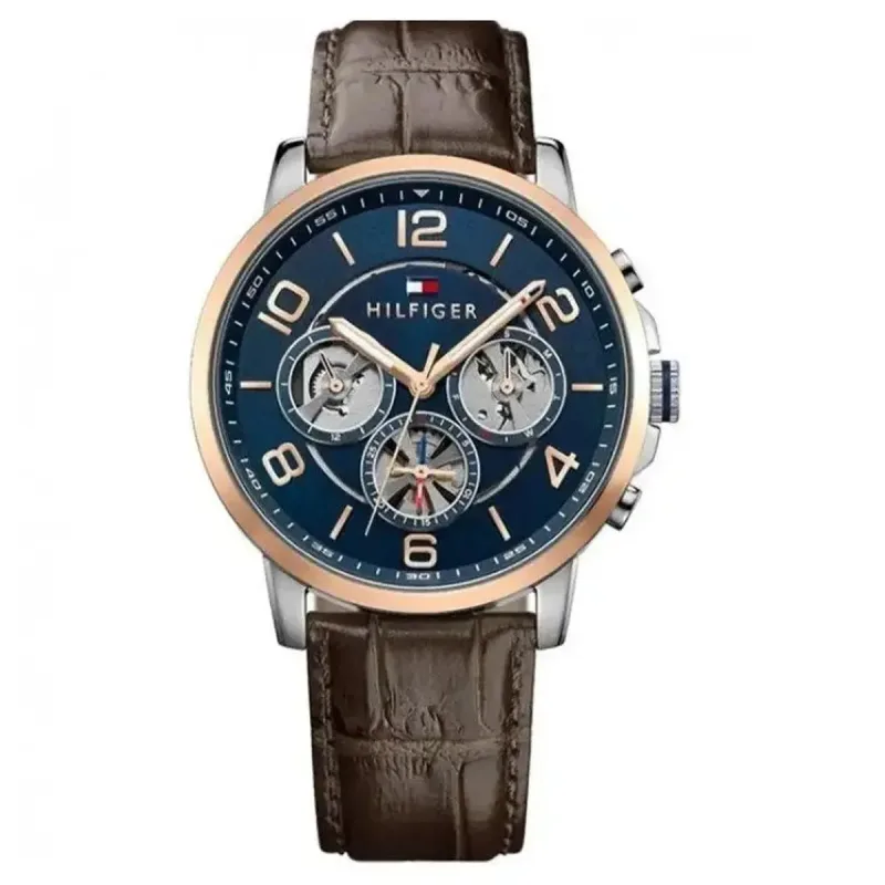 Tommy Hilfiger Keagan 1791290 Men's Multifunction Watch – 44mm Navy Dial Brown Leather Strap