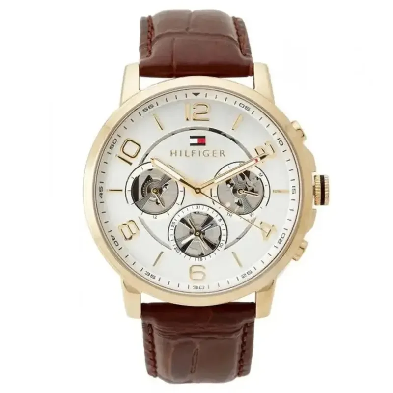 Tommy Hilfiger Keagan 1791291 Men's Multifunction Watch – 44mm Gold Case Silver Dial Brown Leather Strap